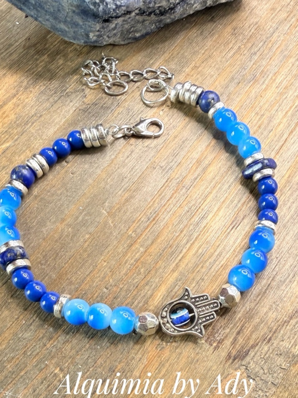 Lapis with Blue and Cobalt Beaded Hamsa Bracelet